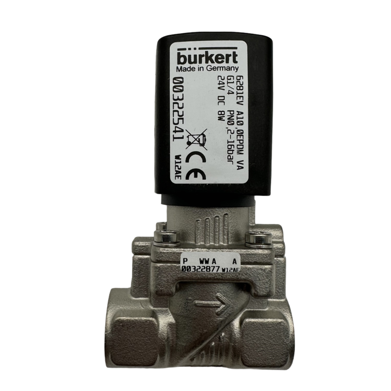 Burkert 타입 6281 대형 유량 서보 다이어프램 솔레노이드 밸브 00222022 00222023 00222024 G1 1/4 나사 2/2 NC 스테인리스 스틸 밸브 본체 EPDM 씰 25.0 유량 오리피스 8W 코일 DC24V/AC24V/AC220V