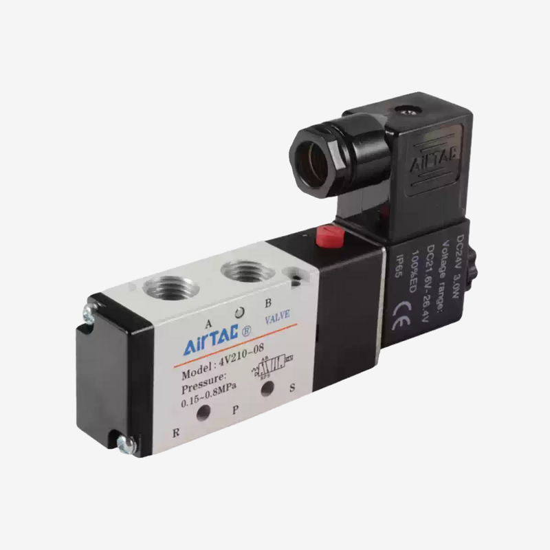 에어택 4V110-M5 5/2 Way 내부 파일럿 Pneumatic Solenoid 밸브 M5 스레드 포트 IP65 보호 0.15-0.8Mpa 작업 압력 1.2Mpa 증명 압력 윤활이 필요하지 않습니다